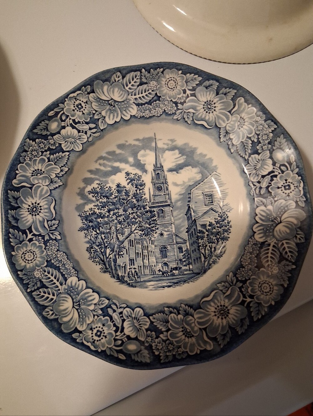 Vintage Liberty Blue Ironstone Rimmed Soup Bowl - Old North Church Scene